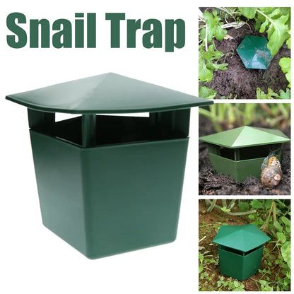 Grön snigelfälla av plast, visad i närbild och utplacerad i trädgårdar.